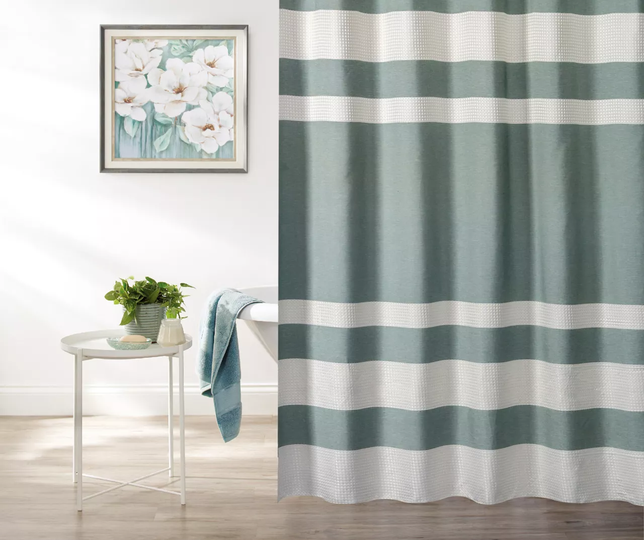 Slate Blue & White Embossed Waffle Striped Shower Curtain 3 Slate Blue & White Embossed Waffle Striped Shower Curtain