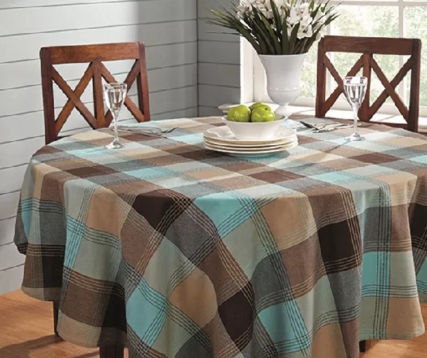 Mineral Blue & Brown Plaid Cotton Tablecloth 3 Mineral Blue & Brown Plaid Cotton Tablecloth