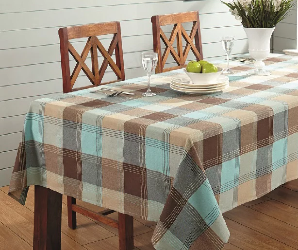 Mineral Blue & Brown Plaid Cotton Tablecloth 4 Mineral Blue & Brown Plaid Cotton Tablecloth - Image 2