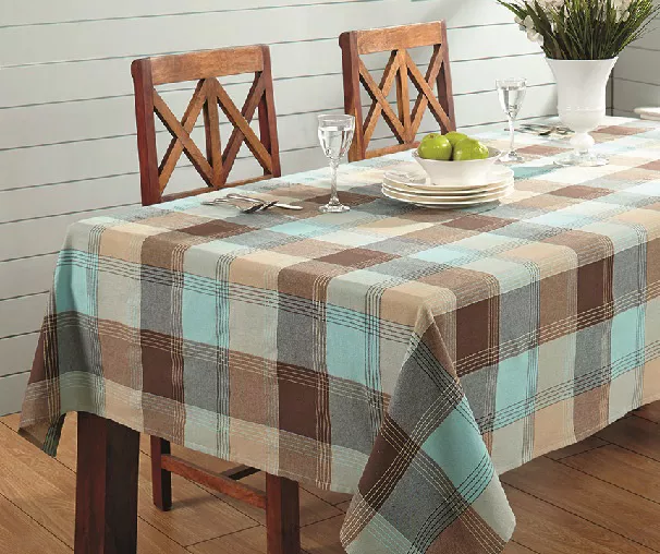 Mineral Blue & Brown Plaid Cotton Tablecloth 5 Mineral Blue & Brown Plaid Cotton Tablecloth - Image 3