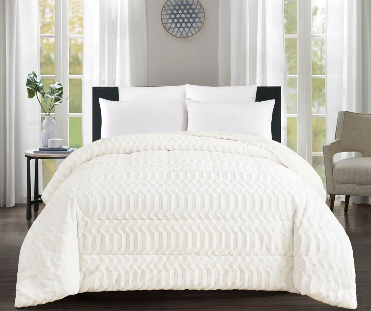 White Chevron Stripe Faux Fur King Comforter 4 White Chevron Stripe Faux Fur King Comforter - Image 2