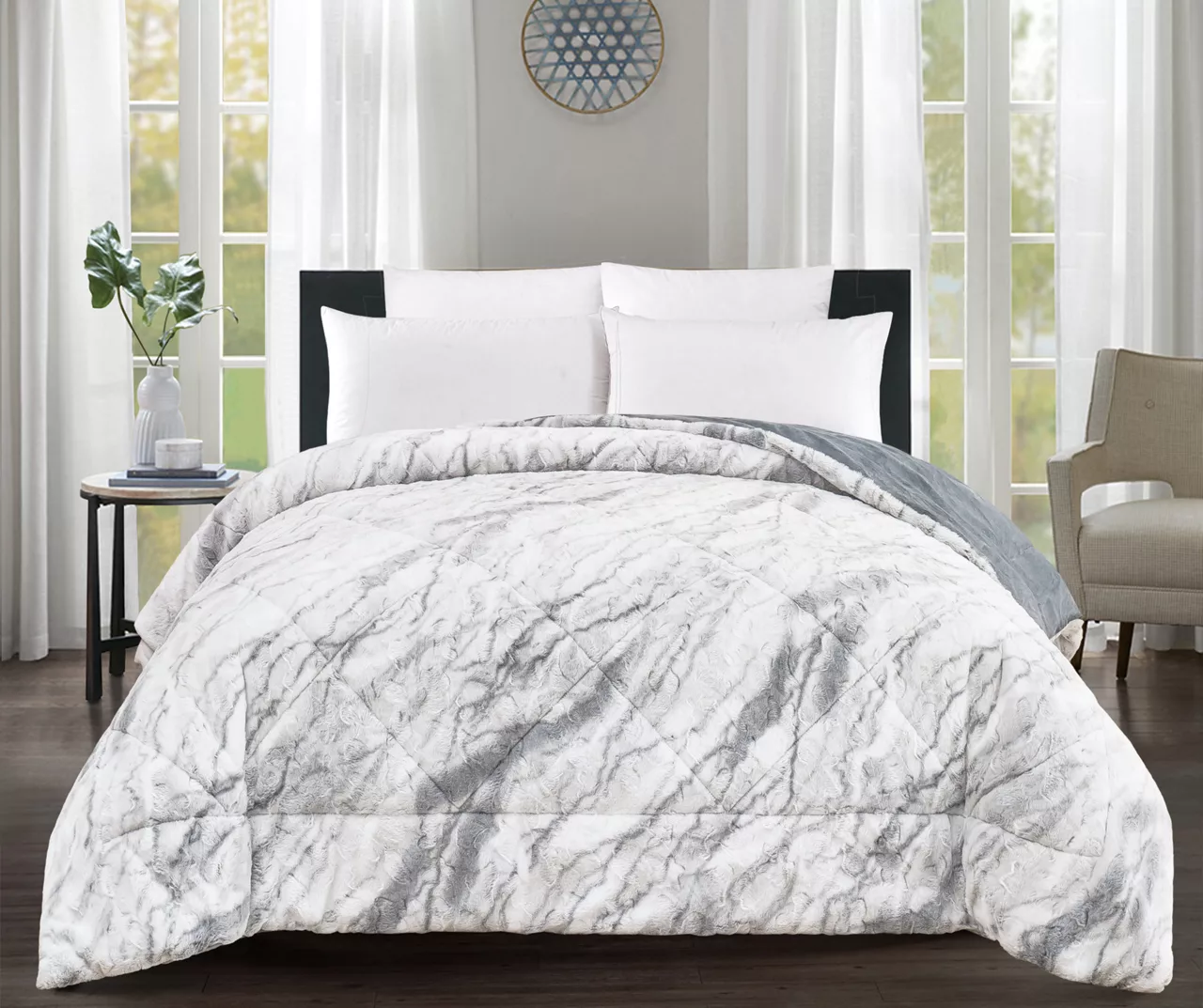 Gray Marble Print Faux Fur King Comforter 3 Gray Marble Print Faux Fur King Comforter